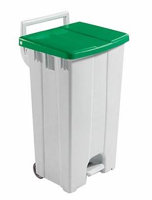 картинка Бак пластиковый для мусора, с педалью, бежевый с зеленой крышкой, ручкой, с двумя колесиками, объем 90л. ACG 