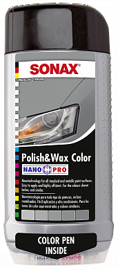 картинка Полироль цветная с воском + карандаш NanoPro 500 мл  (серый/серебристый) SONAX, 296300 